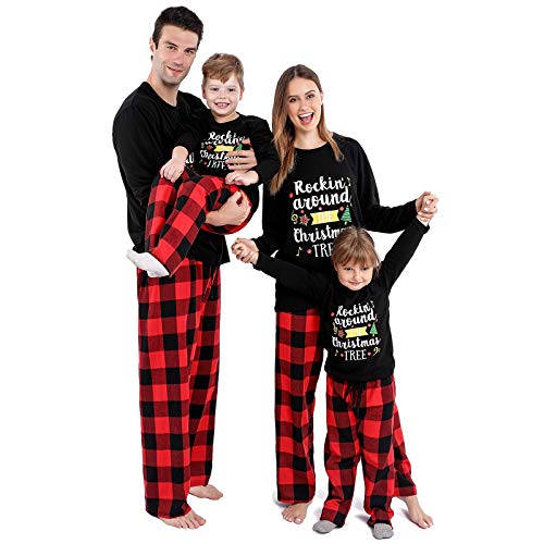 Funny Christmas Family Pajamas Matching Sets, Long Sleeve T-Shirt and Plaid Pants PJs Set Holiday Sleepwear for Kids & Adult (Women-M) Black