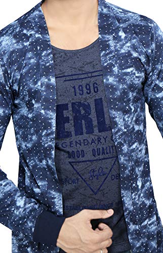 Image of Boy's Cotton White Printed T-Shirt with Blue Jacket Shrug