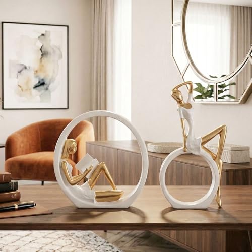Image of Kuber Industries Resin Sitting Ring Girl Sculpture Idol | Reading Girl Statue Ornaments for Home /Office /Living Room /Table /Bookshelf /Desk | White & Golden