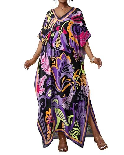 Bsubseach Women Kaftan Dresses Ethnic Print V-Neck Beach Cover Up Plus Size Caftan Loungewear Summer Swimsuit Coverup