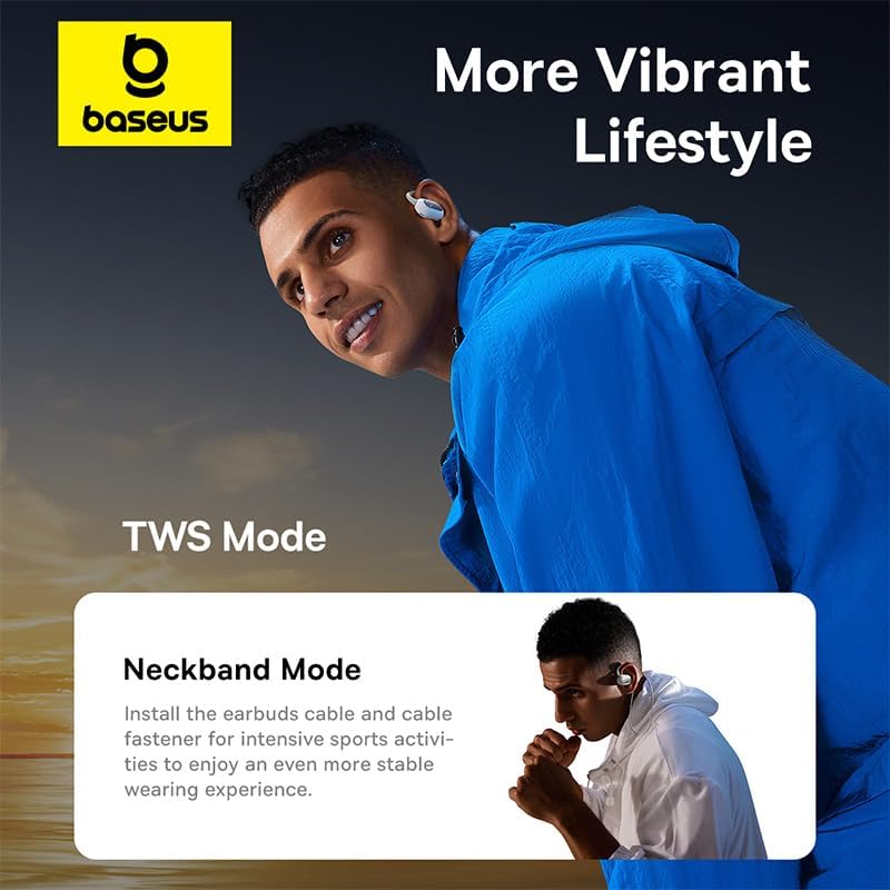 Baseus Eli Sport 1 Open-Ear TWS Earbuds showing TWS and Neckband modes