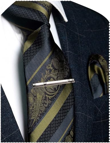 JEMYGINS Olive Green Floral Tie, Silk Necktie and Pocket Square Hankerchef Tie Clip Sets for Men(25)