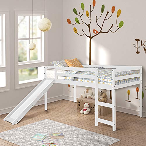 P PURLOVE Loft Bed with Slide Wood Loft Bed Frame Twin Bed...