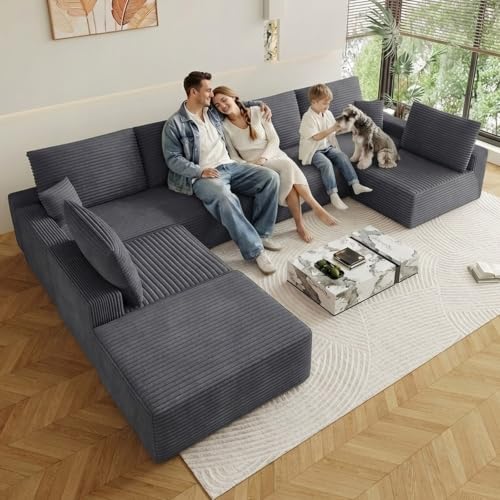 Image of Oversized Modular Sectional Sofa Couch,Large 7 Seater Corner Sofa Modern U Shaped Sectional Couch with Ottoman Cloud Couches for Living Room,Office,Spacious Space,Corduroy,No Assembly,Dark Grey