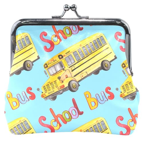 Monedero de cuero personalizado para mujer, bonito autobús amarillo, con hebilla de bloqueo, monedero para niñas, autobús amarillo azul, clásico, Autobús amarillo azul, Clásico