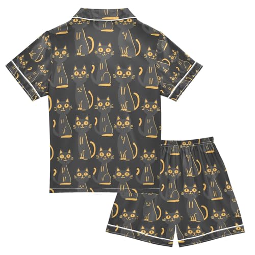 senya Cat Reflection Black Satin Summer Pajama Sets Silk Short Sleeve Button Down Sleepwear2