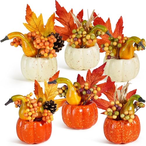Miaikoe Set of 6 Artificial Pumpkin Decorations, Autumn Decorative Orange Pumpkin with Maple Berry Acorn Pine Cone Vegetables for Fall Thanksgiving Harvest Party Decoration