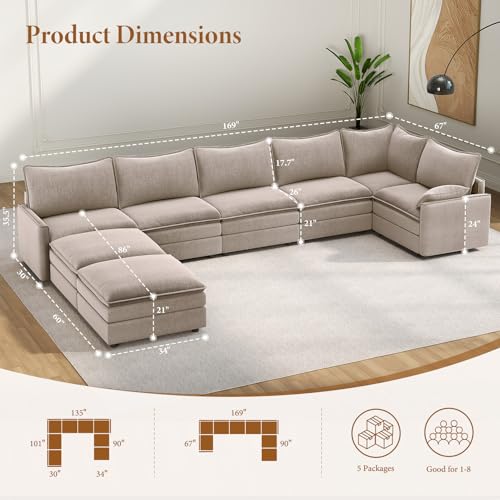 Image of Vesgantti Large Modular Sectional Sofa, 8 Seater Cloud Couch, Khaki