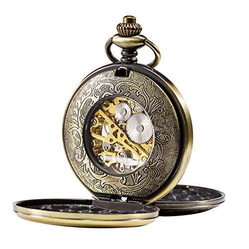 Image of TREEWETO Men's Mechanical Skeleton Pocket Watch for Mens Women Blue Roman Numerals Dial Double Case Pocket Watches
