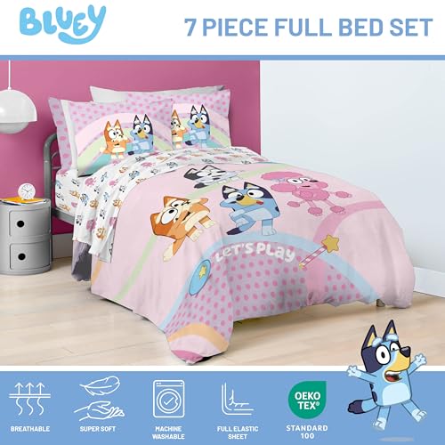 Image of Bluey Bingo Full Comforter Set 7 Piece Kids Bedding for Girls, Pink | Bed in a Bag, Comforter Sheets Shams Pillowcases, Official Brand, Soft Microfiber, Machine Washable, Girls Gift