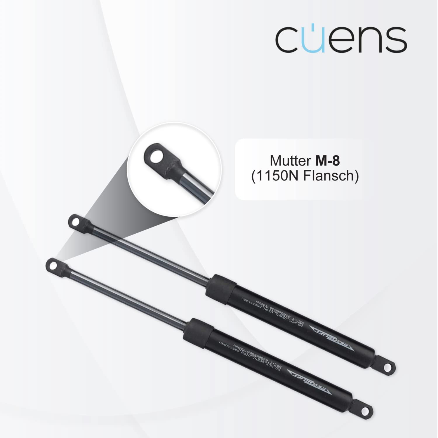 Set mit 2 Gasfedern oder Stoßdämpfern für Bettkasten 1150N - M-8 Schelle - Ideal für Bettkasten 135 cm - Cuens