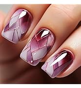24Pcs Square Press on Nails Medium Fake Nails with Glossy Full Cover False Nails and Wine Red Bro...