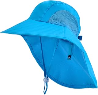 Kids Sun Hat with Neck Flap - Unisex Adjustable Children Wide Brim Summer UPF50+ Sun Protection Mesh Bucket for 4-12y