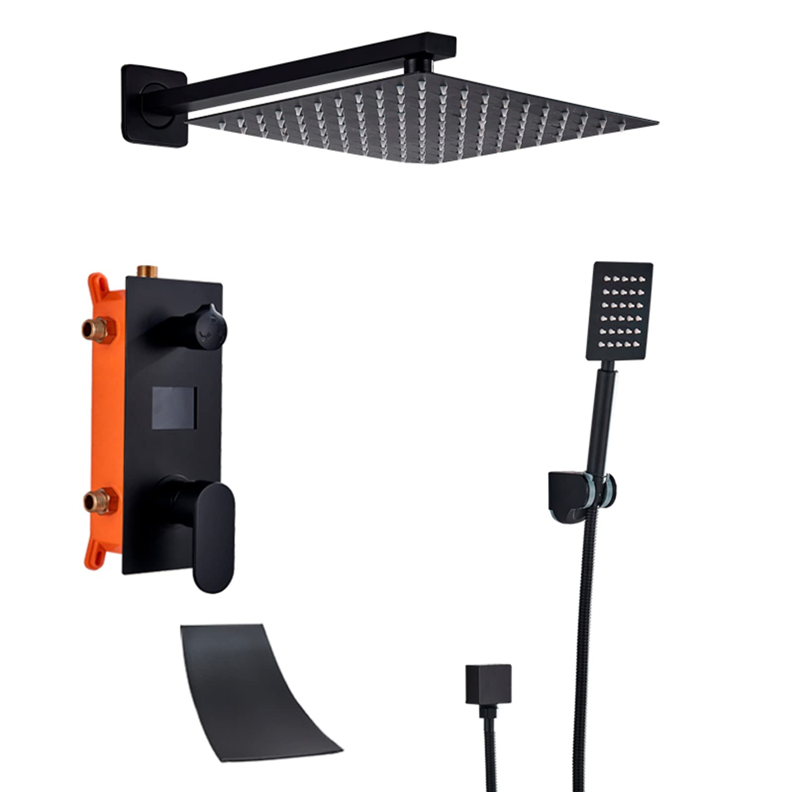 GLJTUO Shower System, Shower System Digital Display Concealed Shower Faucet Set Matt Black Shower Combo Set with Brass Hand Shower and Waterfall Rainfall Shower Head Advanced Ai,size_name-12 Inch