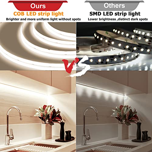 Image of COB LED Strip Light 4000K, 24ft Dimmable Natural White LED Strip Light, CRI92+, DC24V Tape Light with RF Remote, Timer Function, Bluetooth App Control for Home Bedroom Kitchen DIY Lighting.