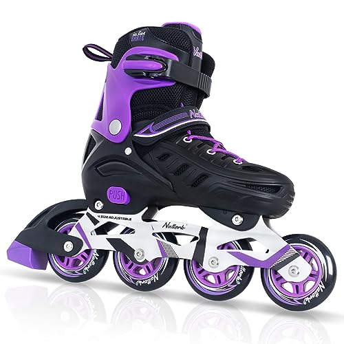 Purple Inline Skates for Youth Girls Women, 4 Sizes Adjustable Blades Roller Skates with Ankle Support, Adjustable Strap, 90mm Wheels and Soft Boot Fit for Skating, Roller Derby, Street Hockey