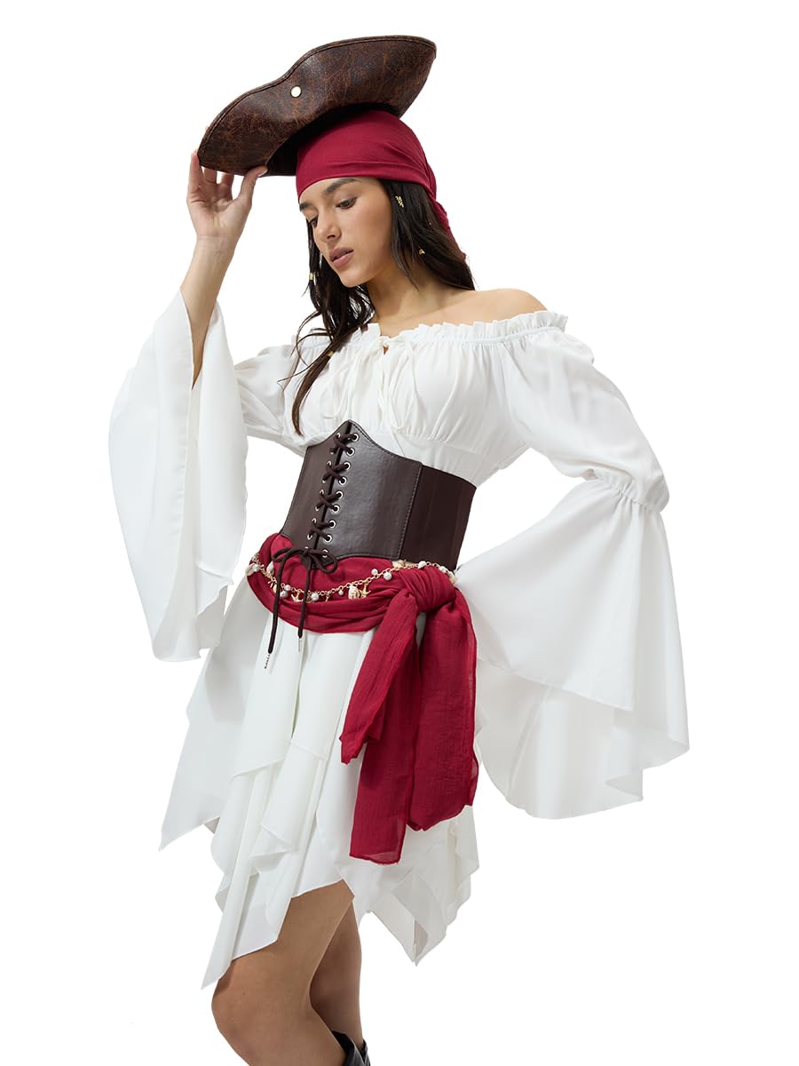 Disfraz Pirata Mujer Completo, Vestido Off Shoulder con Doble Capa + Corsé Ajustable + Pañuelo y Faja + Cadena Dorada y 40 Cuentas Trenzas para Carnaval y Fiestas
