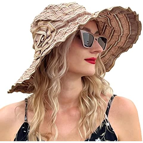 Womens Wide Brim Sun Hat Travel Foldable Vintage Summer Beach UV Hats (Brown) Cover