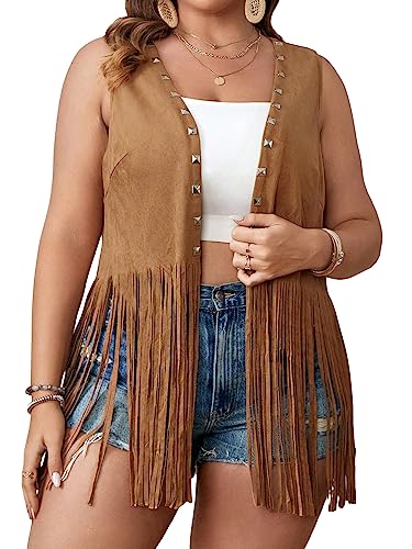 WDIRARA Women's Plus Size Fringe Trim Studded Detail Open Front V Neck Suede Boho Vest Jacket - Main Image