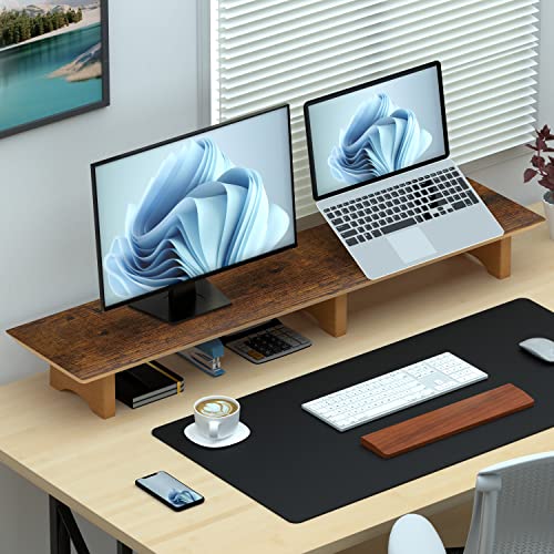 Image of Large Dual Monitor Stand Riser - Solid Wood Desk Shelf with Eco Cork Legs for Laptop Computer /TV /PC /Printers, Perfect Desktop Stands Organizer with Underneath Storage for Office Accessories,Vintage