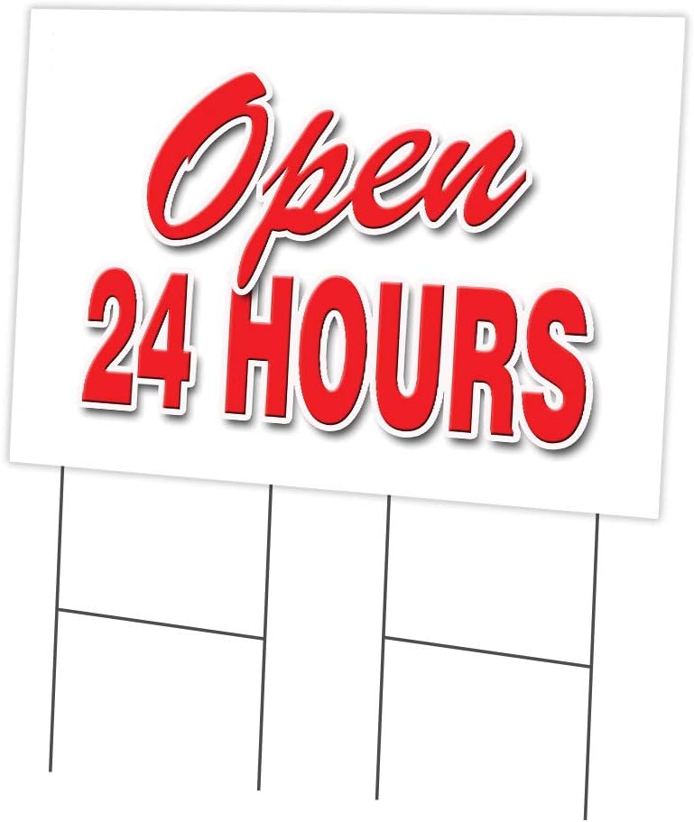 Open 24 Hours 2 Pack Of 24" x 36" Yard Sign & Stake | Advertise Your Business | Stake Included Image On Front Only | Made in The USA