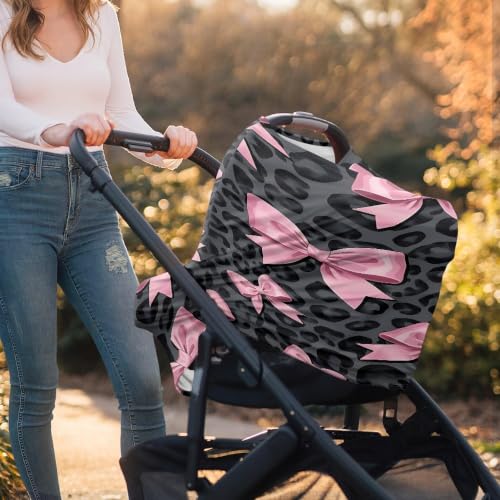 Image of Leopard Print Baby Car Seat Canopy, Bow Nursing Breastfeeding Cover