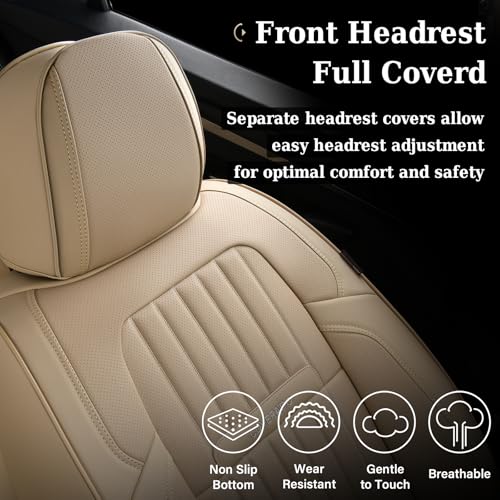 Image of Coverado Front and Back Seat Covers for Cars, Nappa Leather Car Seat Covers, Automotive Seat Covers for Trucks, 5 Seats Waterproof Carseat Protector Car Seat Cover Beige, Universal Fit for Most Cars