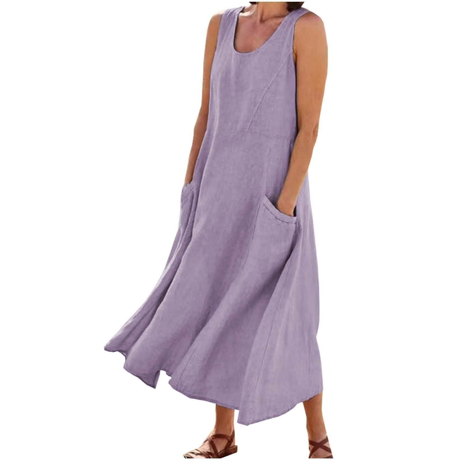 AIGOUT Vestidos de lino para mujer, cuello redondo, elegante, vestido largo, cómodo, de algodón, sueltos, de verano, color sólido, para vacaciones, playa, baile, citas, vestidos casuales