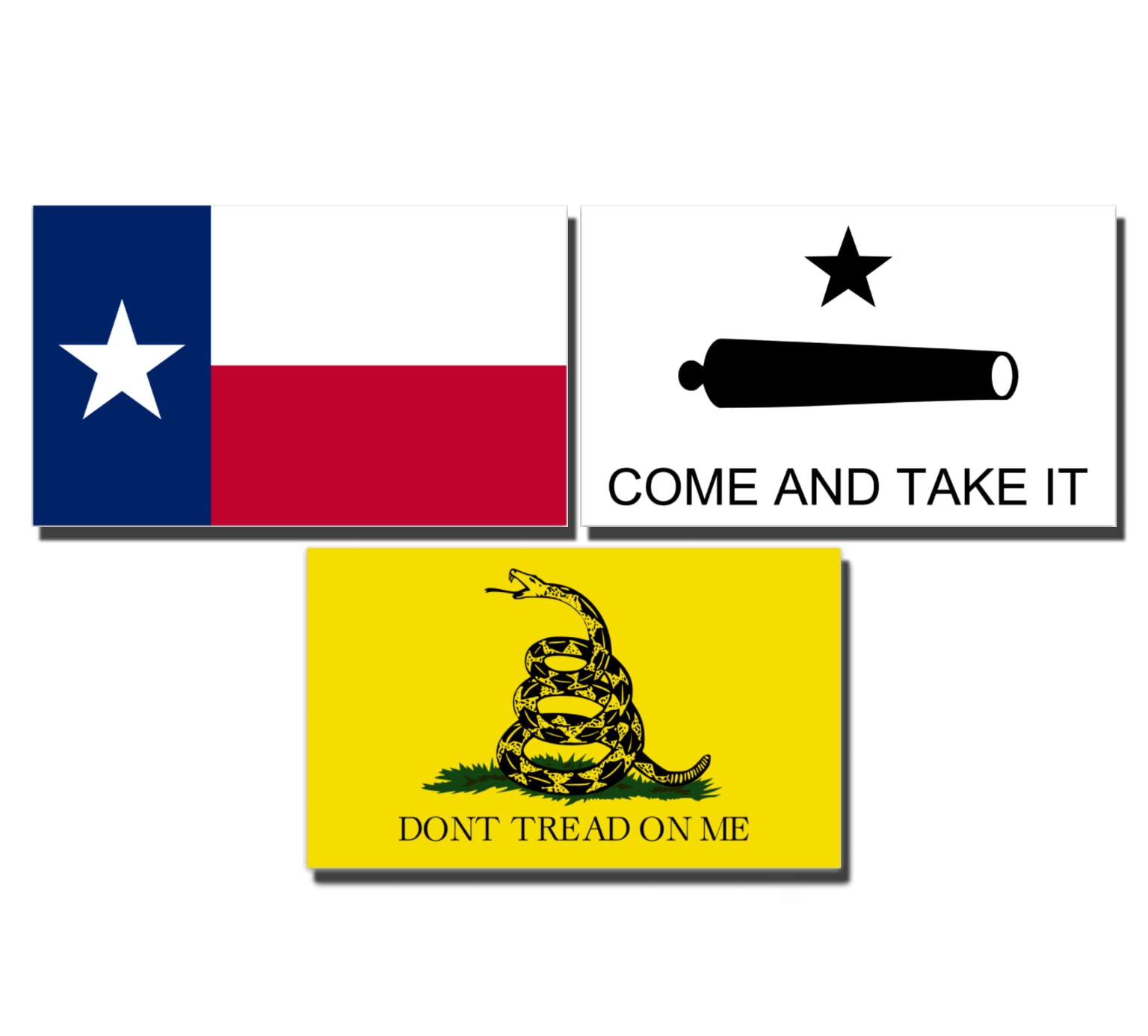 Decal Dude 3-Pack Vinyl Stickers Set Texas Flag, Dont Tread on Me Gadsden Flag, and Come and Take It Gonzales Flag Stickers Made with Special UV Resistant Weatherproof Laminate