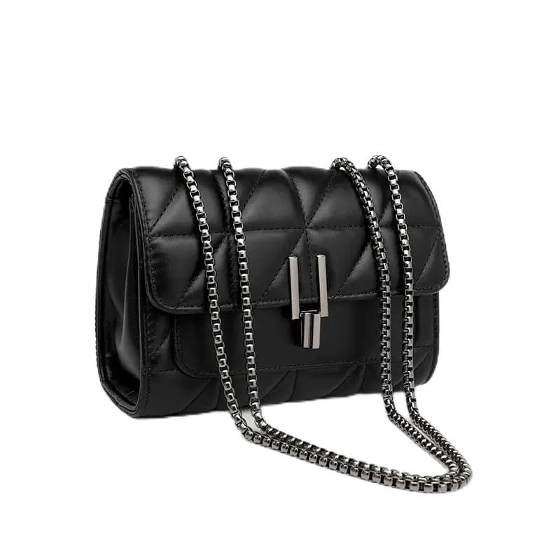 Bolsa Transversal Feminina Quadrada Acolchoada com Corrente e Alça de Ombro Pequena Bolsa Tiracolo (Preto)