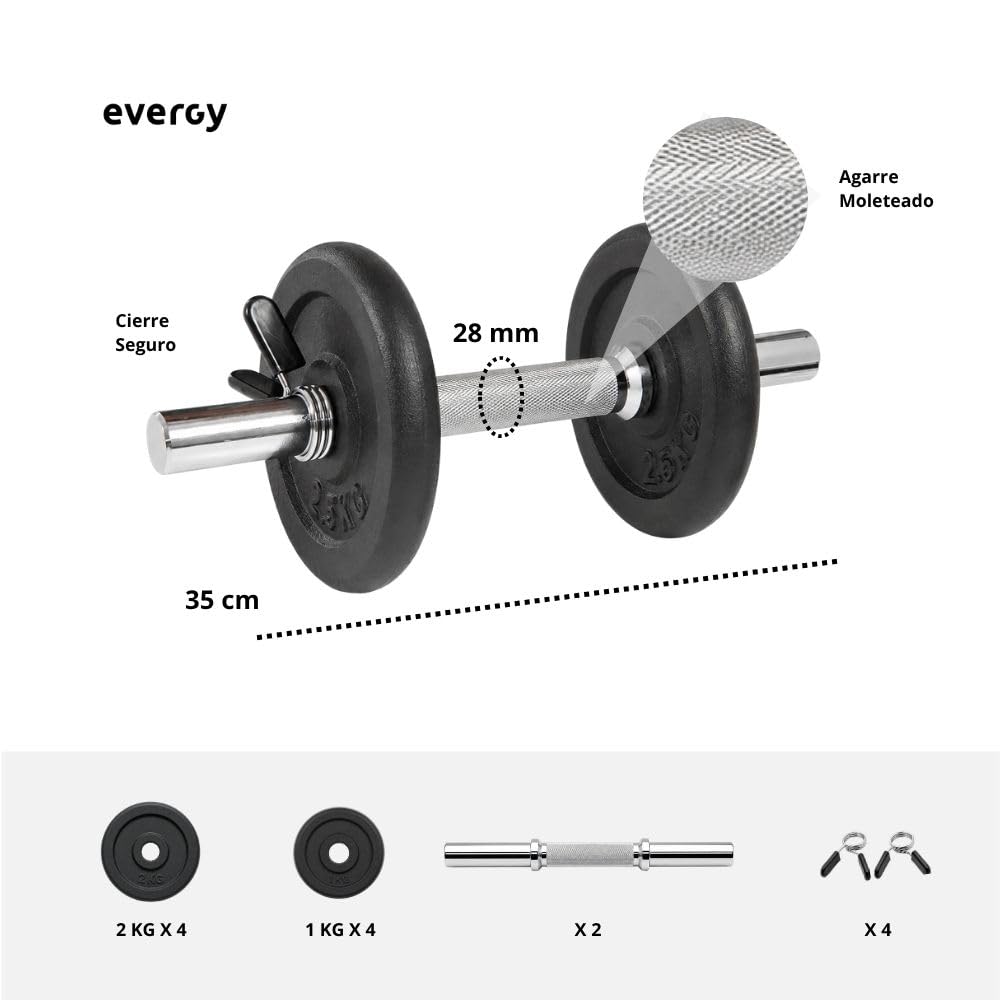 EVERGY Set Mancuernas Ajustables para Gimnasio en Casa 20 kg – 2 mancuernas con discos intercambiables (2 a 10 kg c/u), barras acero 35 cm, mango 28 mm, 4 cierres