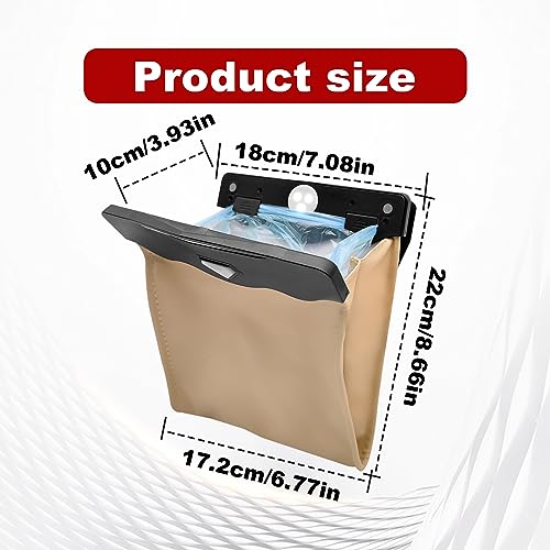 Image of Car Trash Can with LED Light and Magnet Closure Design, Passenger Side Waterproof PU Leather Garbage Bag, Back Seat Hanging Leak Proof Reusable Traveling Portable Offices Garbage Cans (Beige)