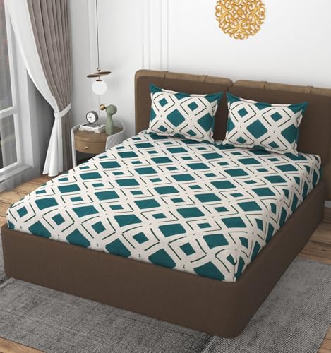 Image of VOMZER 300 TC Cotton Feel All Around Elastic Fitted Queen Size Printed Bedsheets, Supersoft Elastic Fitted Double Bedsheet with 2 Pillow Covers, Size 60x78x8 Inches White