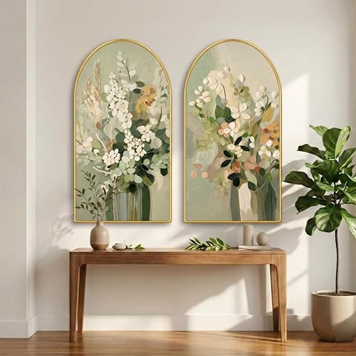 Image of Livin'luxe Set of 2 Floral Wall Painting for Living Room, Green Botanical Modern Artwork, PVC Golden Frame, Arch Shape Wall Decor for Bedroom, Hall, Office & Gift (30 x 32 Inch) RPNL-02-113
