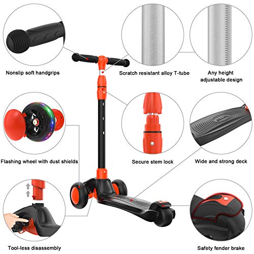 Image of Allek Kick Scooter B03, Lean 'N Glide 3-Wheeled Push Scooter with Extra Wide PU Light-Up Wheels, Any Height Adjustable Handlebar and Strong Thick Deck for Children from 3-12yrs (Black-Red)
