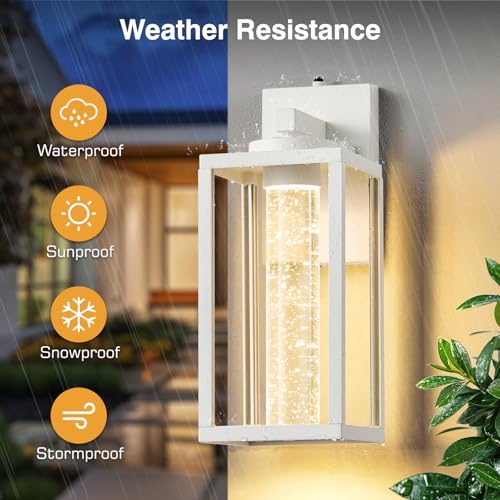 Image of VIANIS White Porch Lights Outdoor, Large Exterior Sconce Lighting for House | Integrated 10W LED, 100% Aluminum, Exterior Light Fixture Wall Mount for Garage, Porch, Crystal Bubble Glass, Easy to Install