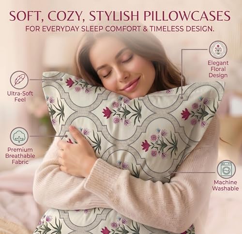 Image of VAS COLLECTIONS Cotton Pillow Cover Set of 2 (17x27 Inches) | Ultra Soft Breathable Pillow Cases for Bed | Skin Friendly, Fade Resistant & Comfortable Pillow Covers for Bedroom Decor (Rose White)