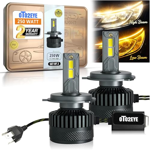 Image of OTO2EYE 250W H4 / H19 LED Headlight Bulbs for Car & Motorcycle | 25000LM | Low Beam Yellow & High Beam Yellow-White |6500K| Dual Color H4 Headlamp | Plug & Play | Pack of 2 | 2 Years Warranty