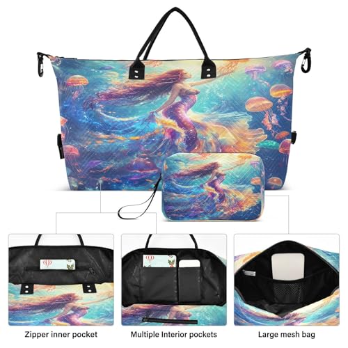 Travel Duffle Bag Weekender Bags Overnight Bag with Toiletry Bag Gym Duffel Bag Watercolor Mermaid Jellyfish for Travel Business Trips Sport2