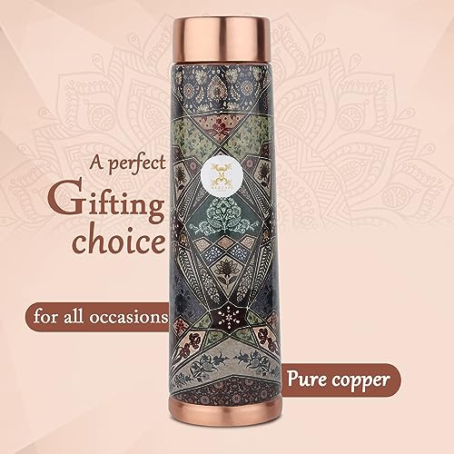 MERCAPE® - Copper Bottles, 100% Pure Copper Anti Rust Anti Oxidant Leak Proof Floral Meena Printed BPA Free Water Flask Kitchen Accessory, Fancy Bottle For Kids Office Gym Travel (950 ML)