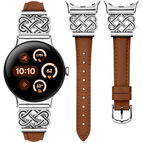 Image of TOYOUTHS Slim Leather Band Compatible with Google Pixel Watch 4 3 41mm /Pixel Watch 2 1 Band Women, Celtic Metal Dressy Thin Fashion Designer Premium Leather Strap for Google 4 3 2 1 Smartwatch