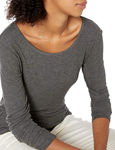 Amazon Brand - Daily Ritual Women's Ribbed Long-Sleeve Scoop Neck Shirt, Charcoal Heather,Large