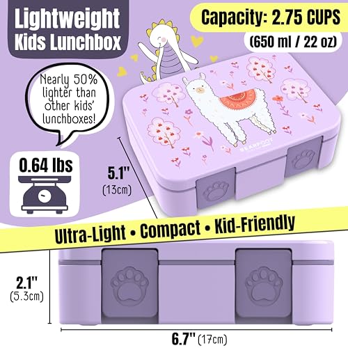 Image of BEARFOOT Kids Lunch Box with Compartments - Compact & Lightweight | Leak-Proof, BPA-Free, Dishwasher Safe | Hand-Drawn Design for Preschool, School, Travel (Llama Purple, 2.75 Cups)