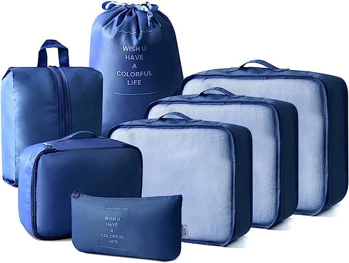 Image of 7 Pcs Foldable Luggage and Laundry Bag Pouch Waterproof Travel Toiletry Organizer Garment Storage Bag Portable Packing Cubes Storage Bag (1 Pc) (Grey) (NAVY BLUE)