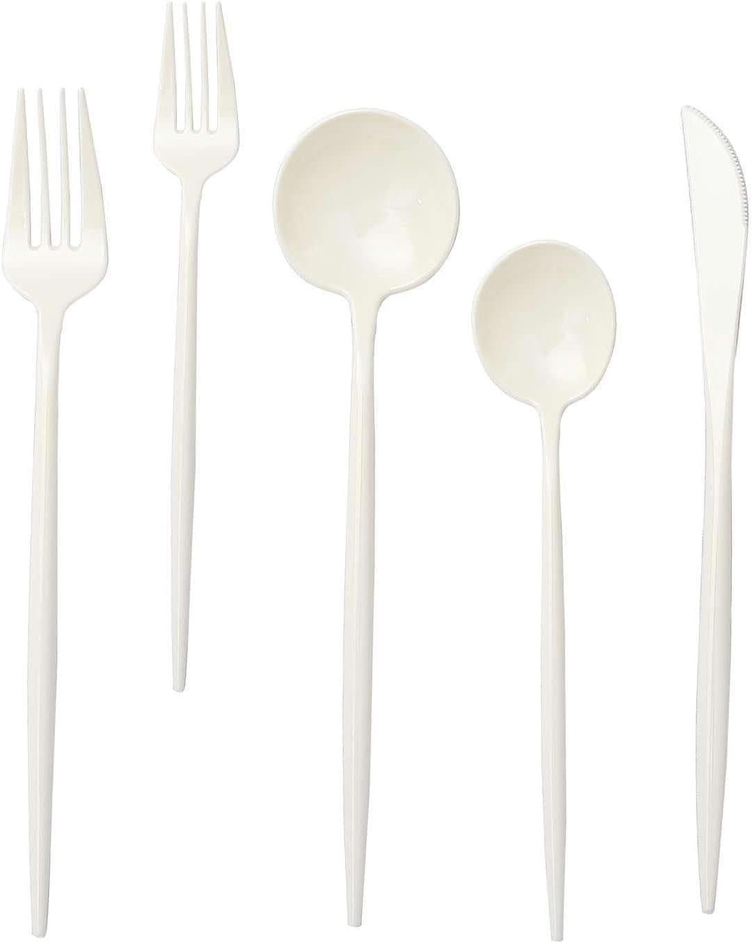 Efavormart 50-Pack Ivory Heavy Duty Plastic Utensils - Sleek Modern Disposable Cutlery Set for Vintage Weddings and Neutral Organic Events