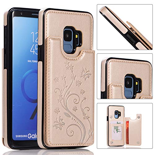 QFUN Back Wallet Case for Samsung Galaxy S9 with Stand, Elegant Embossed Design [Butterfly Flower] Lightweight Slim Fit Leather Phone Case with Card Holder Protective Bumper Flip Cover - Gold