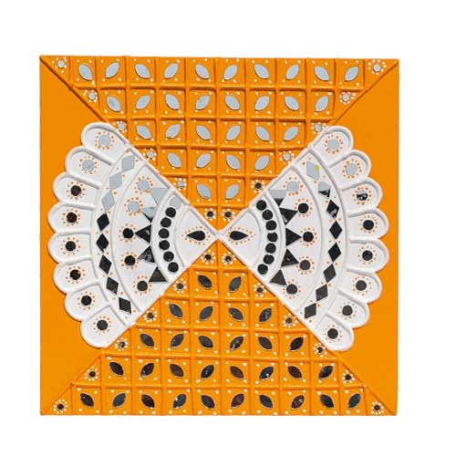 Image of Ethnics of Kutch Traditional Kutch Handicraft Mud-Mirrorwork Lippan Kam Wall Art (Water and Break Resistant) - Square (12 inch x 12 inch) - (Orange LKT-0286)