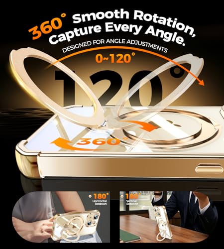 Image of Soft Case for iPhone 15 with 360 Rotating Magnetic Stand, Compatible with Mag-Safe, 4X MIL-Drop Protection, Lightweight Glossy Anti-Yellowing Clear Back Phone Cover for iPhone 15 6.1 inch, Gold