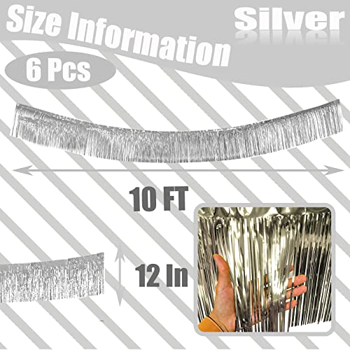 Image of 6 Pack 10 Feet Silver Foil Fringe Garland Metallic Tinsel Streamers Banner Wall Hanging Curtain Backdrop Banner for Parade Floats, Thanksgiving, Christmas, Birthday, Halloween Party Decorations