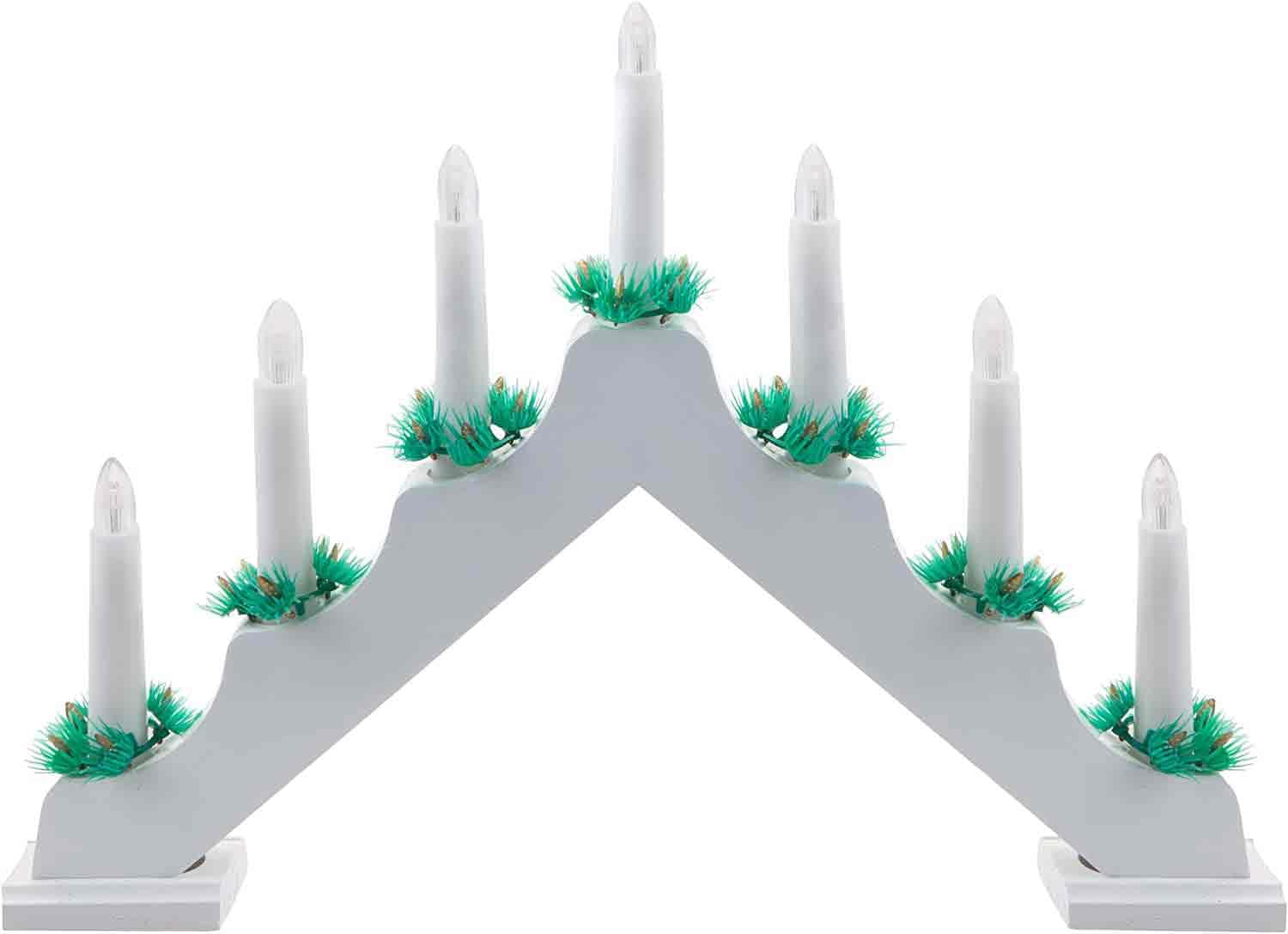 Pms White Vfm - Wooden Candle Bridge 7 Led Battery Powered Traditional Christmas Decoration Light For Window Sill Or Mantlepiece With Festive Foliage Trimming